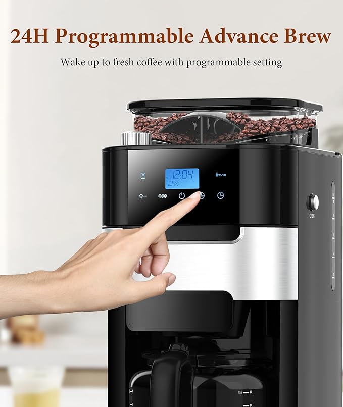 Joy Pebble 10-Cup Drip Coffee Maker with Built-in Grinder Touch-Screen Programmable Brew Coffee Machine with Timer 8 Grinding Settings Reusable Filter Keep Warm Plate 50.7oz Water Tank