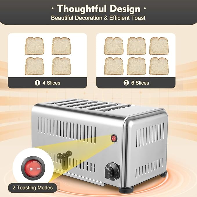 6 Slice Toaster Stainless Steel Upgrades Commercial Toaster with Wide Slots &amp Removable Crumb Tray - Toast Meatloaf Sandwiches Bagel