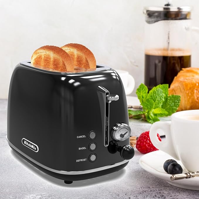 Toaster 2 sliceRetro Stainless Steel Toaster with 6 Settings 1.5 In Extra Wide Slots Bagel/Defrost/Cancel Function Removable Crumb Tray (Dark)