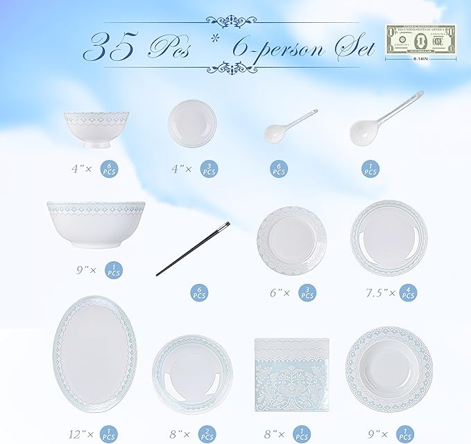 Fine Bone China Dinnerware SetPorcelain&ampCeramic Dinnerware SetsBone Stoneware &amp Ceramic Cookware Tableware Set Includes Dinner Plates|Spoons|Pasta Bowls|Soup Pot|Chopsticks (35PCS * 6-Person