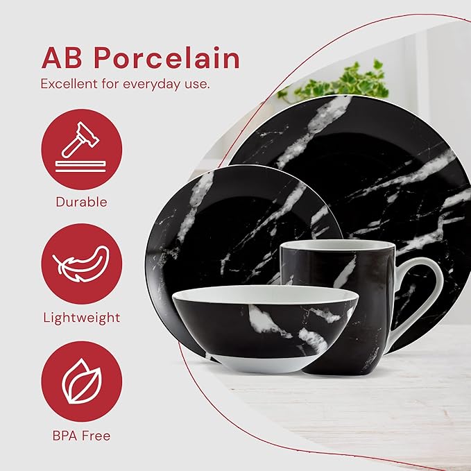 Safdie &amp Co. - Black Marble 16-Piece Dinnerware Set Porcelain Modern Dishwasher Safe