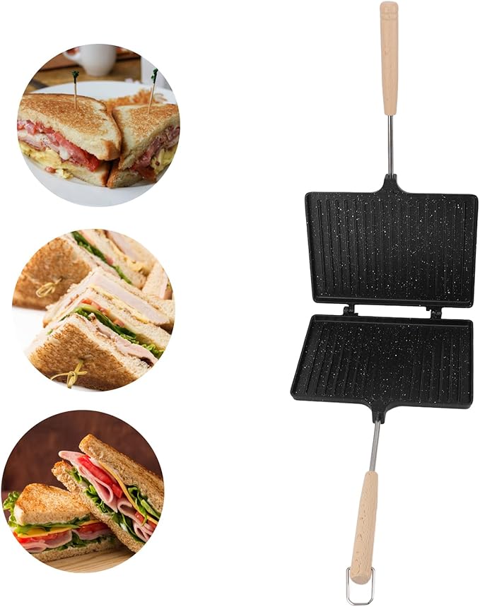 Non Stick Hand Maker Multifunctional Double Sided Toaster with Removable Wooden Handle Ideal for Home Breakfast