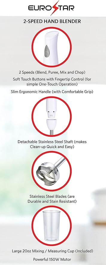 EUROSTAR EH442W 2-Speed Hand Blender with Stainless Steel Detachable Shaft White