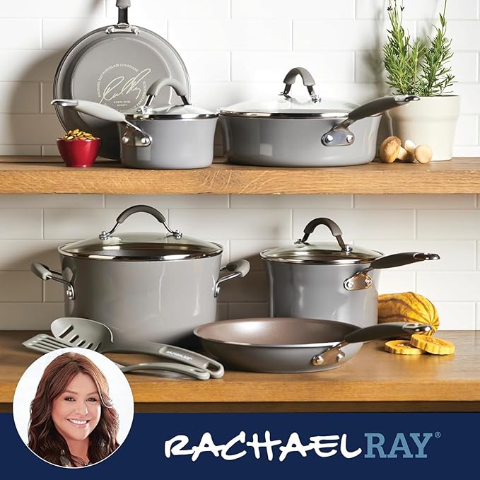 Rachael Ray - 16802 Rachael Ray Cucina Nonstick Cookware Pots and Pans Set 12 Piece Sea Salt Gray