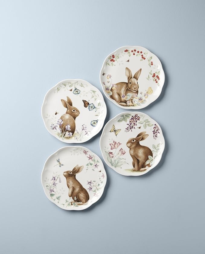 Lenox Dinnerware Set Butterfly Meadow Bunny 4-Piece Accent Plate Set Service For 4 Microwave And Dishwasher Safe Porcelain Plates Easter Plates Dish Set Home And Kitchen (Assorted 4 Pieces)