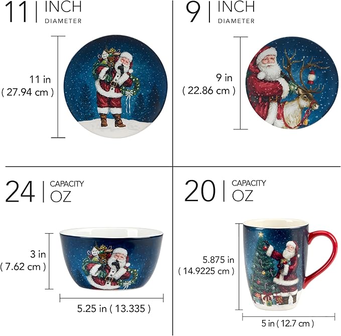 Santa’s Secret 16-Piece Holiday Dinnerware Set Service for 4 – Celebrate the magic of Christmas with Santa reindeer and festive scenes that bring warmth and nostalgia to your holiday table