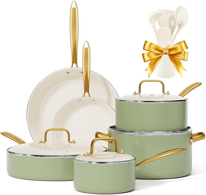 Pots and Pans Set Non Stick - VONIKI Ceramic Cookware Set with Cooking Utensils Set Non Toxic Kitchen Cookware Sets Dutch Oven Pot with Lid Saucepan Set Sauté Pan Frying Pan Set for Cooking Gifts