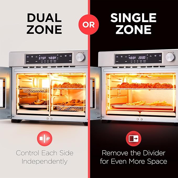 Ivation Dual Zone Air Fryer French Door Oven - 32 Quatity Convection Toaster Combo 10-in-1 Multifunction Up to 450° - 1800W - Temperature Control Timer - Stainless Steel - Dehydrate Bake Roast