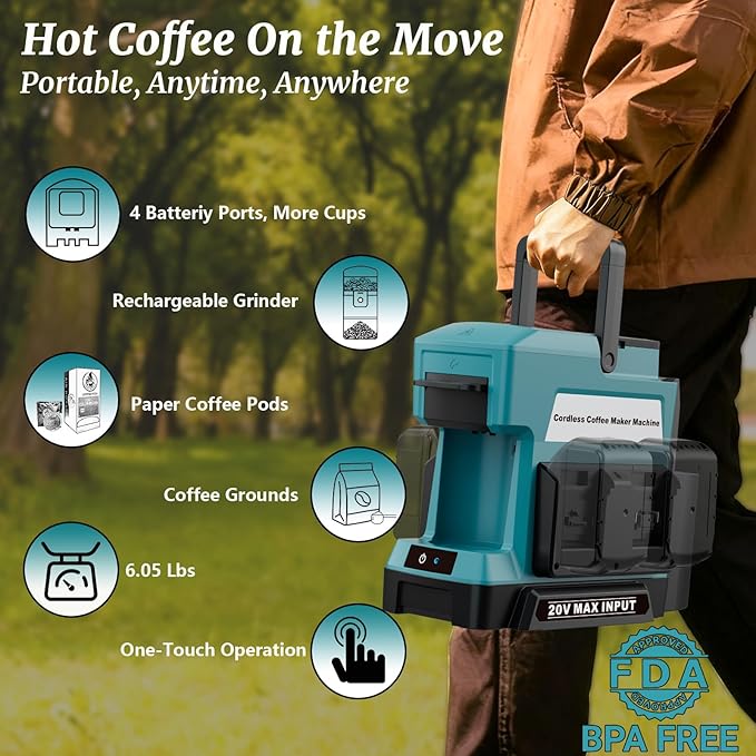 Cordless Coffee Maker for Makita 18V Battery 3 Brewing Options Drip Coffee Maker with Coffee Grinder Portable Single Serve Coffee Makers for Camping Travel and Jobsite. (Tool Only)