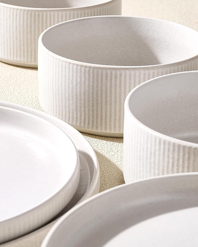 24-Piece Dinnerware Set for 8 Famiware Premium Stoneware Dish Set with Ribbed Plates and Deep Bowls Double Reactive Glaze Chip &amp Scratch Resistant Microwave &amp Dishwasher Safe Matte Reacti