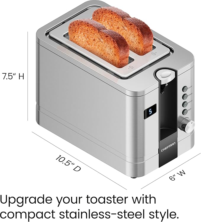Chefman 2-Slice Digital Toaster Pop-Up Stainless Steel Extra-Wide Slots For Bagels Defrost Reheat Cancel Functions Removable Crumb Tray