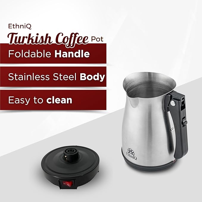 ETHNIQ Turkish Coffee Pot - Stainless Steel 120V 1 to 4 Cup Capacity Fast Brewing Delicious Cup of Turkish Arabic &amp Greek Coffee Maker with Foldable Handle for Home &amp Travel &amp on-off