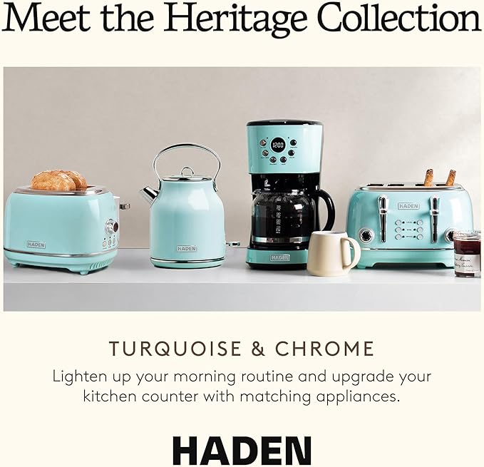 Haden Heritage 2 Slice Wide Slot Stainless Steel Toaster with Adjustable Browning Control &amp Non-Slip Feet Turquoise &amp Chrome