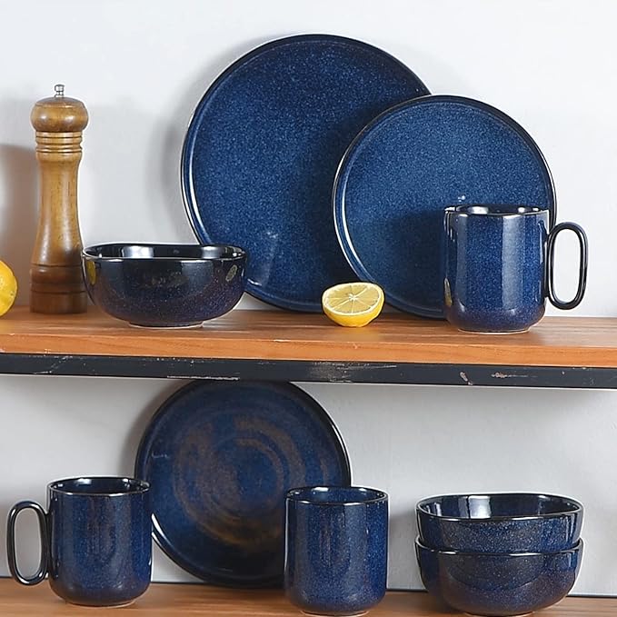 Vicrays 18-Piece Kitchen Dinnerware Set Ceramic Flat Dinner Plates Salad Plates Bowls Set Microwave Oven and Dishwasher Safe Scratch Resistant Suitable for Home Party Restaurant (Blue)