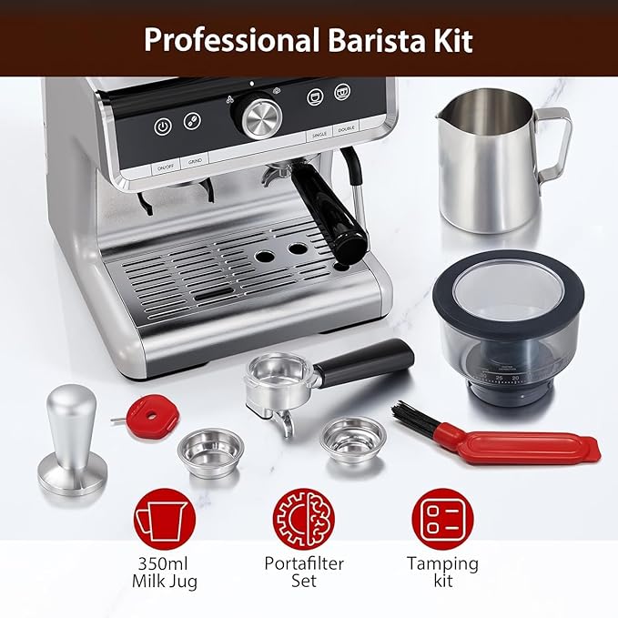 20 Bar Barista-Grade Espresso Machine with Conical Burr Grinder &amp Steam Wand - PID Control Stainless Steel Coffee Maker with 95oz Detachable Tank for Latte Cappuccino Home Cafe - Silver