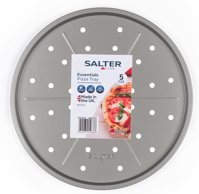 Salter Essentials Pizza Tray – Non-Stick Coating Round Baking Tray Dishwasher Safe Easy to Clean Made in The UK Durable Carbon Steel Garlic Bread Lightweight Oven Sheet PFOA-Free BW13671