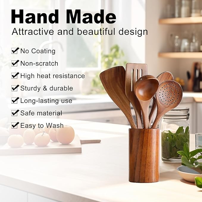 6 PCS Wooden Cooking Utensils Set Wooden Spoons for Cooking with Utensils Holder Comfort Grip Ideal for Nonstick Cookware