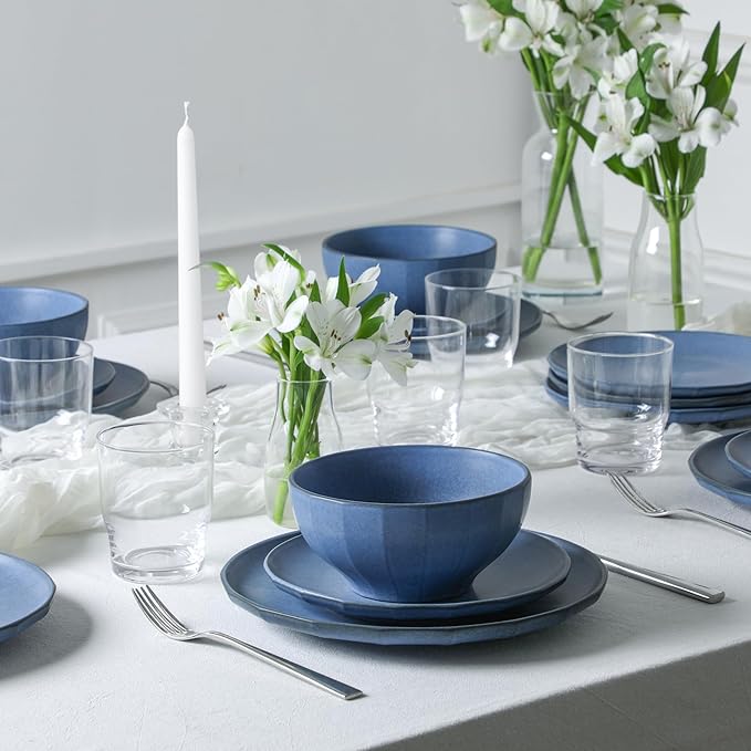 Stone Lain Rio Stoneware 32 Piece Dinnerware Set Blue Plates and Bowls Sets with Fluted Glass Cups Textured Dish Set for 8 Microwave &amp Dishwasher Safe