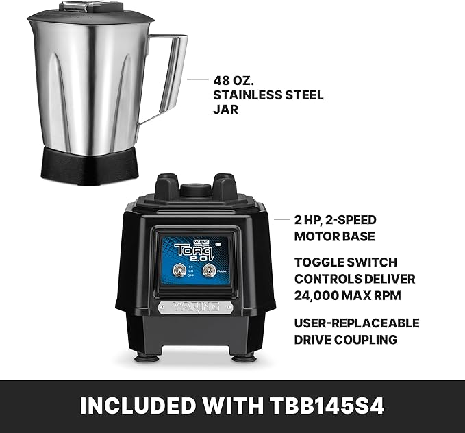 Waring Commercial TBB145S4 TORQ 2 Horsepower Blender 2 Speed Toggle Switch Controls with 48 oz. BPA Free Container 120V 5-15 Phase Plug