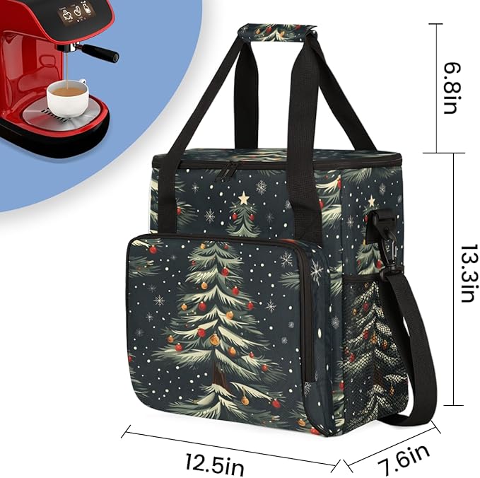 Modern Tree Xmas Coffee Maker Carrying Bag Portable Travel Storage Tote Bag Compatible with K-Mini or K-Mini Plus Single Serve Coffee Brewer Carrying Case with Multiple Pockets &amp Shoulder Strap