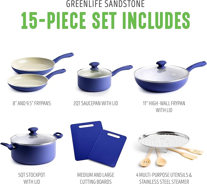 GreenLife Sandstone Healthy Ceramic Nonstick 15 Piece Kitchen Cookware Pots and Frying Sauce Pans Set PFAS- Free Dishwasher Safe Blue