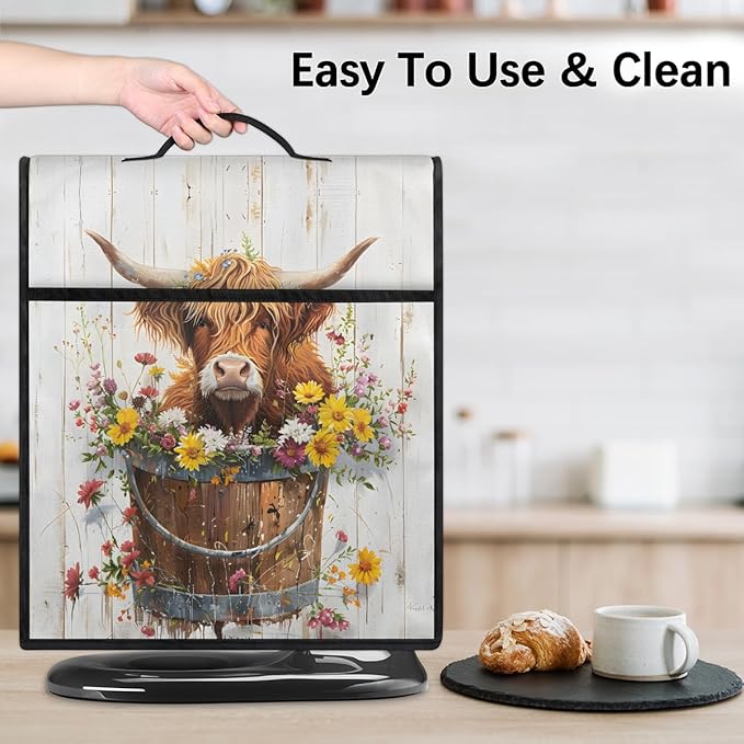 Kitchen Aid Mixer Cover Flowers Cute Cow Highland Stand Mixer Cover Compatible with 6-8 Quarts Stand Mixers Dust Covers with Zipper Pocket Foldable Washable Kitchen Aid Organizer Bag
