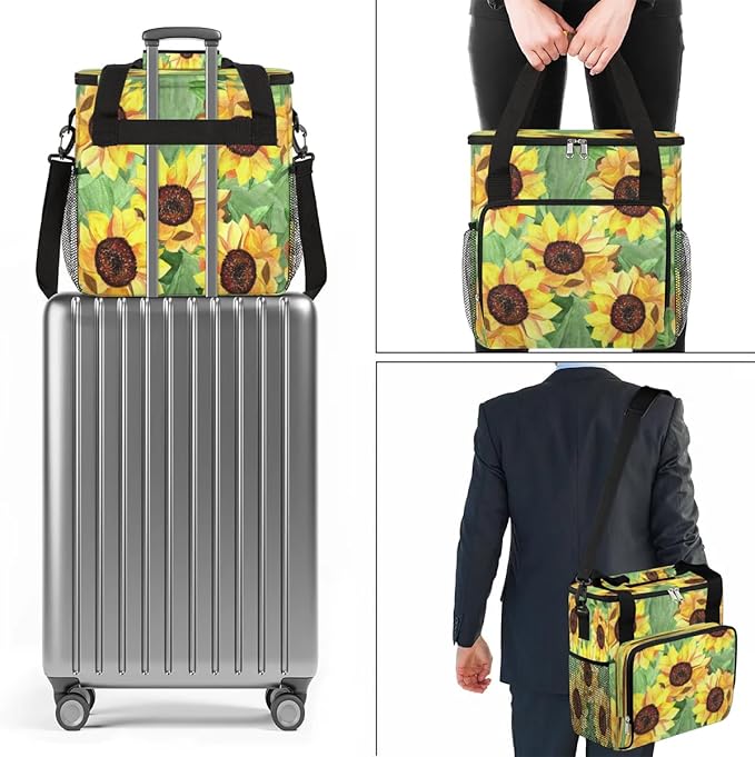 Sunflower Oil Painting Coffee Maker Carring Bag Travel Carrying Storage Tote Bag Compatible Portable Single Serve Coffee Brewer Case with Pockets for K-cup Pods