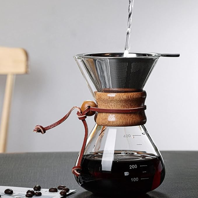 Coffee BrewerPour Over Coffee Maker 400ml Double Filter Wooden Sleeve Coffee Brewer Filter Suitable for Home Cafe Parties