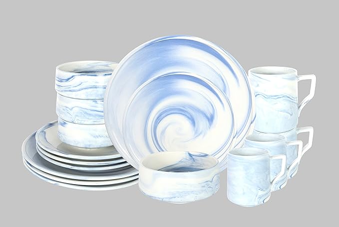 Fine China Artisan Marbled 16pc Dinner Set Blue