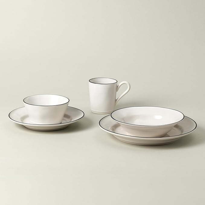 Costa Nova Ceramic Stoneware 5-Piece Place Setting Service for 1 - Beja Collection White &amp Blue | Microwave &amp Dishwasher Safe Dinnerware Set | Food Safe Glazing | Restaurant Quality Tableware