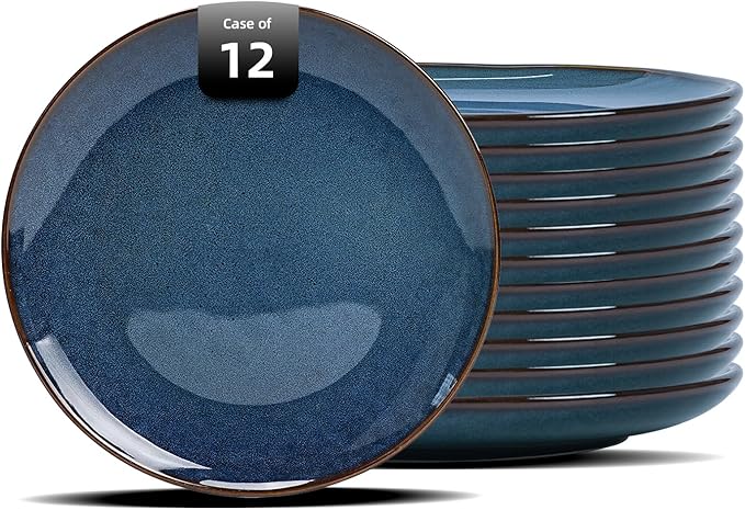 Organic Shape Highland Ceramic Dinner Plates 12pcs 10.5 Inch Handmade Reactive Glaze Stoneware Plates with Wavy Edge for Kitchen Microwave &amp Dishwasher Safe Scratch Resistant-Blue