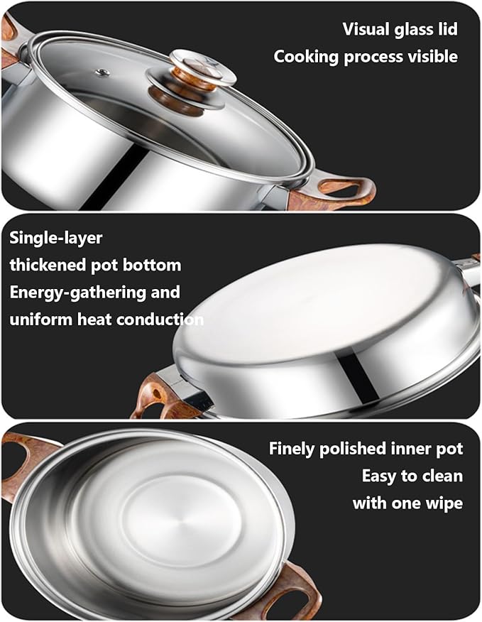 12 Piece Pots And Pans Set Non Stick Stainless Steel with Visual Lid Kitchen Induction Cookware Set with Woodgrain Handles Non-Toxic Professional Cooking Sets Compatible with All Cooktops