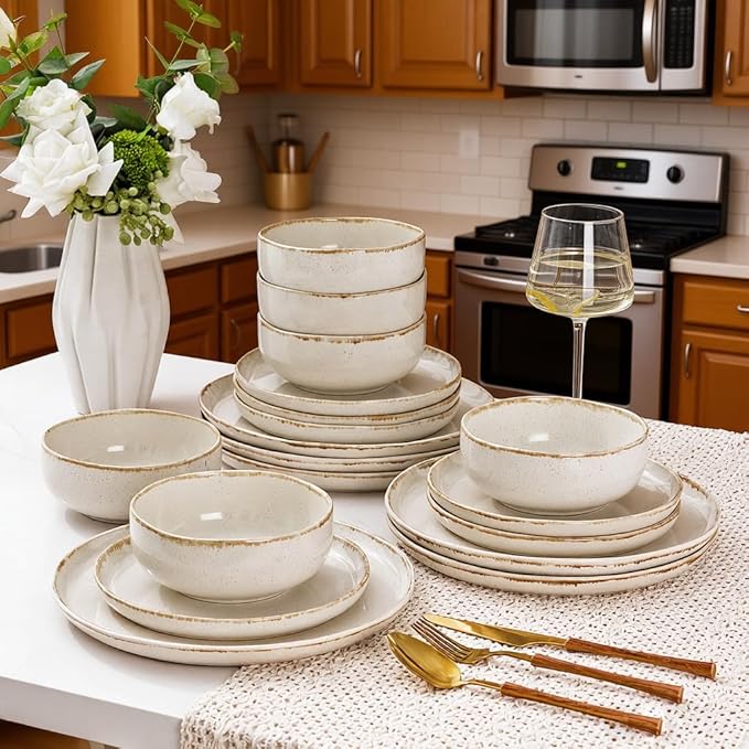 AmorArc Ceramic Dinnerware Sets Wavy Rim Stoneware Plates and Bowls Sets Highly Scratch Resistant | Dishwasher &amp Microwave Dishes set Service for 6 (18pc)-Speckled Cappuccino