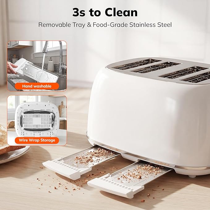 Keenstone Toaster 4 Slice Retro Stainless Steel Wide Slot Toaster with Dual Independent Controls 6 Browning Levels Bagel Defrost Reheat &amp Cancel Removable Crumb Tray White