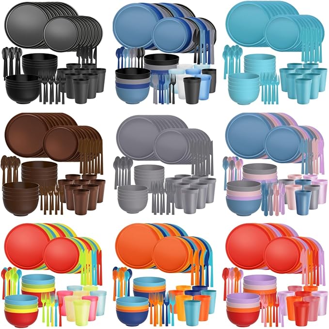40 Piece RV &amp Camping Dinnerware Set Elegant Ceramic-Look Large Bowls &amp Plates Unbreakable &amp 100% Microwave Safe Melamine Alternative Service for 8 Gray