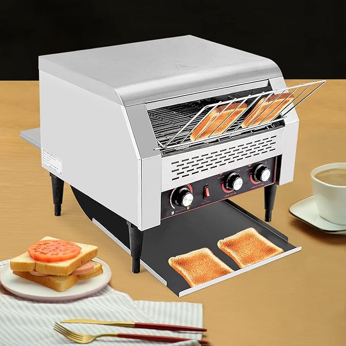 Commercial Conveyor Toaster 450 Slices/Hour2600W Industrial Toasters w/Double Heating Tubes Countertop Electric Toaster Front/Back Output Modes for Bun Bagel Bread Baked