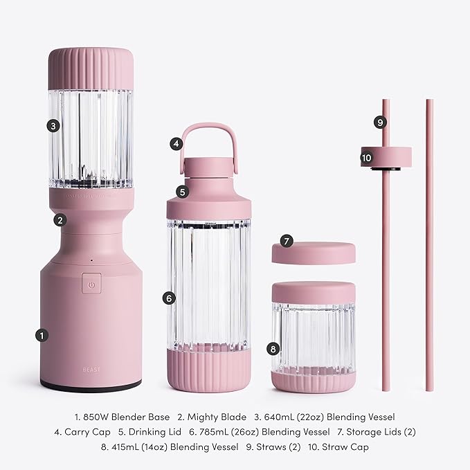 Beast Mighty 850 Plus | Premium Compact Personal Blender | Smoothies Shakes Dressings Sauces | Blends Ice and Frozen Fruit | New XL Vessel | Extra Vessels Lids and Straws | 850W (Lilac)