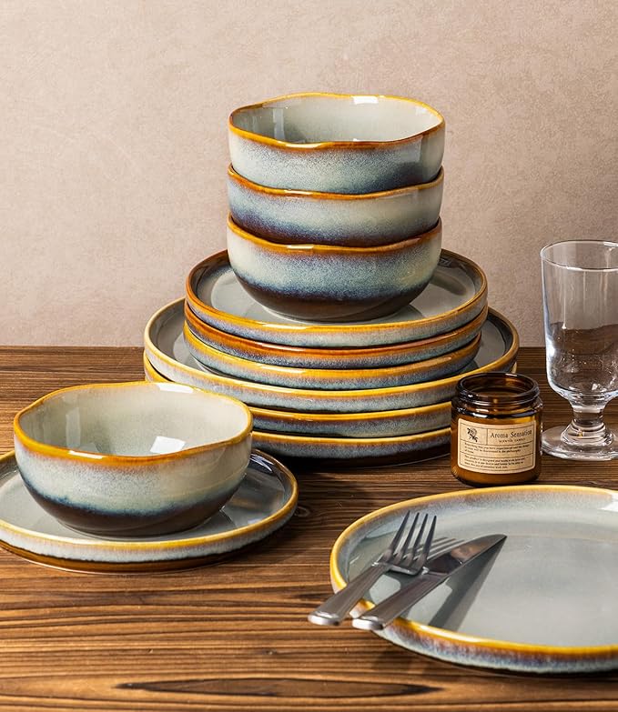TheTerra Ceramic Dinnerware Sets for 4 12 Pieces Handmade Reactive Glaze Plates and Bowls Sets Scratch Resistant Dish Set Oven &amp Microwave &amp Dishwasher Safe Brown Blue