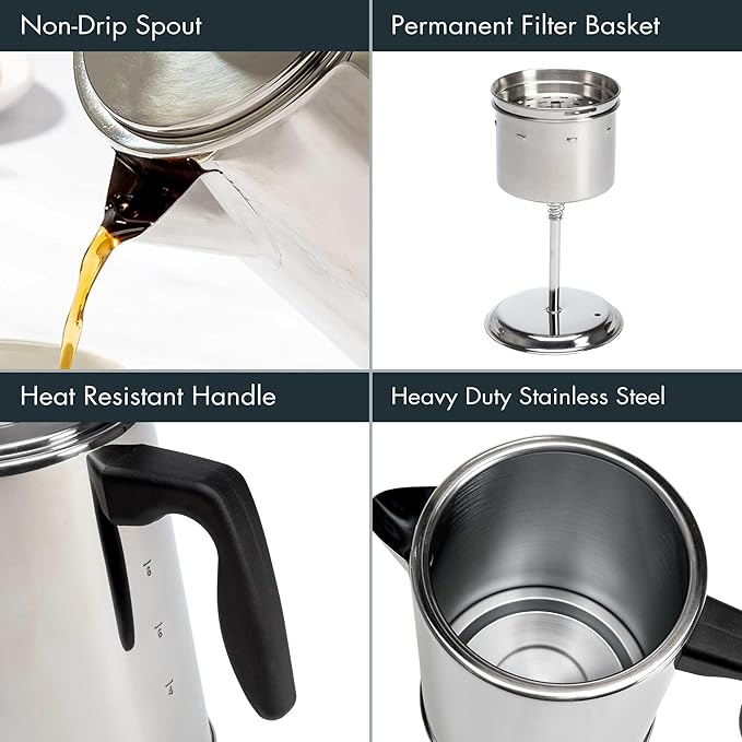 Primula Stovetop Coffee Percolator Premium Stainless Steel Coffee Maker with Reusable Filter Basket Non-Drip Spout Glass Knob Brew Indicator and Heat Resistant Handle Dishwasher Safe 8 Cup