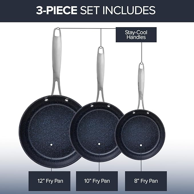 Nuwave 3-Piece Fry Pan Set 8” 10” 12” Forged Lightweight G10 Healthy Duralon Blue Ceramic Ultra Non-Stick Induction-Ready &amp Works on All Cooktops Ergonomic Stay-Cool Handles