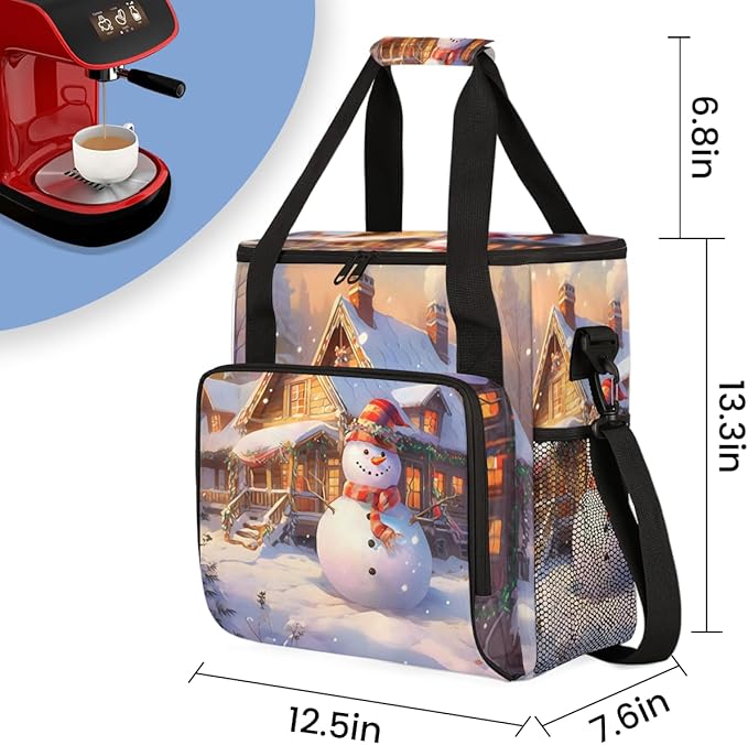 Xmas Snowman Coffee Maker Carrying Bag Magical Snowman Travel Storage Bag Compatible with K-Mini or K-Mini Plus Single Serve Coffee Brewer Carrying Case with Multiple Pockets &amp Shoulder Strap