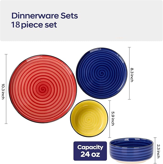 Bonita Dinnerware Sets 18 Pieces Blue Stoneware Dishes Set for 6 Plates Set and Bowls Sets Dishwasher and Microwave Safe (Vibrant 18 large)