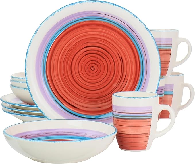 12 Piece Red Durastone Dinnerware Set – Vibrant Swirl Pattern Round Plates and Bowls Dishwasher Safe Stoneware Tableware for Everyday Meals and Entertaining