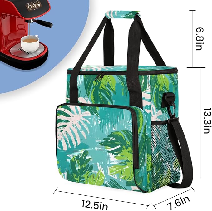 Plant - Leaves Coffee Maker Carrying Bag Portable Travel Storage Tote Bag Compatible with K-Mini or K-Mini Plus Single Serve Coffee Brewer Carrying Case with Multiple Pockets &amp Shoulder Strap