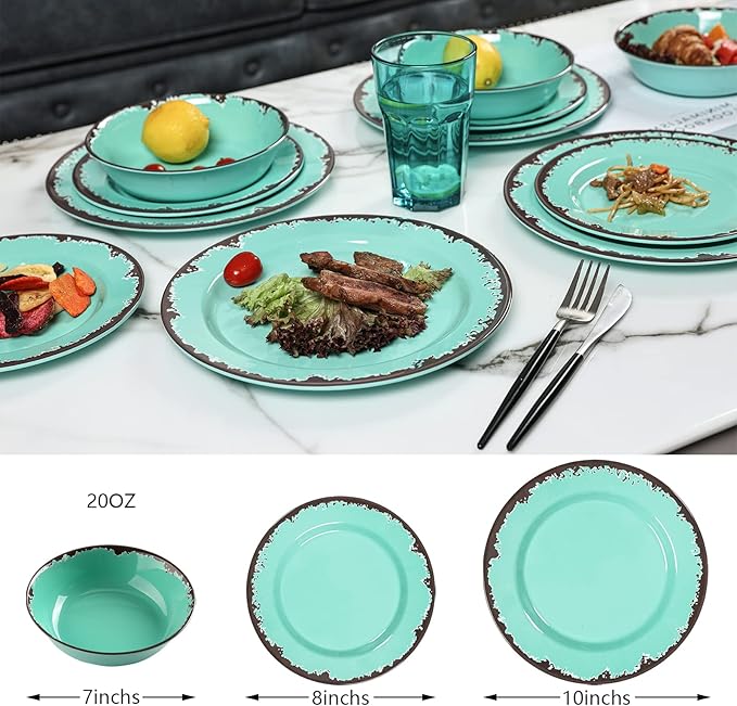Rustic Melamine Dinnerware Set12-Piece Plates and Bowls SetsYinshine Unbreakable Melamine Dish SetLightweightService for 4Dishwasher SafeGreen