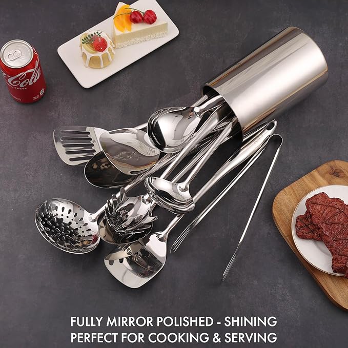 18/10 Stainless Steel Kitchen Utensils Set with Holder - 15″ Spatula Spoon Set with Storage Organizer for Countertop Fork Tongs Spatula Ladle Skimmer Turner Spaghetti Large Spoon Set of 12