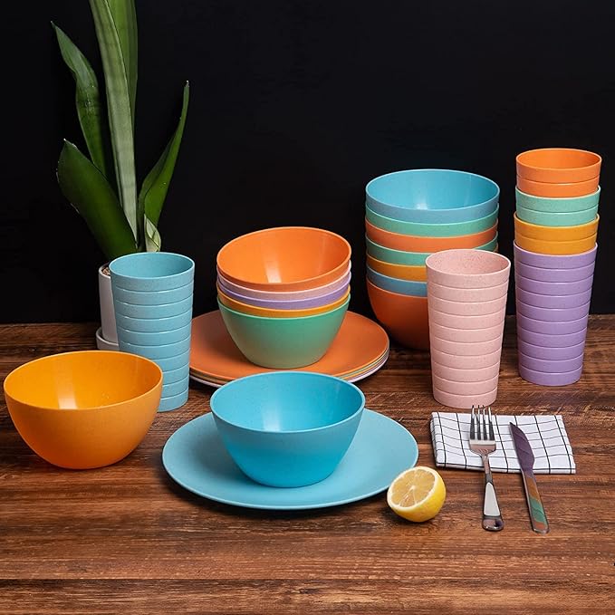 Wheat Straw Dinnerware Unbreakable Wheat Straw Tumblers Bowls &amp Plates Dinnerware Set | Set of 18 in 6 Assorted Color | Dishwasher safe  BPA Free