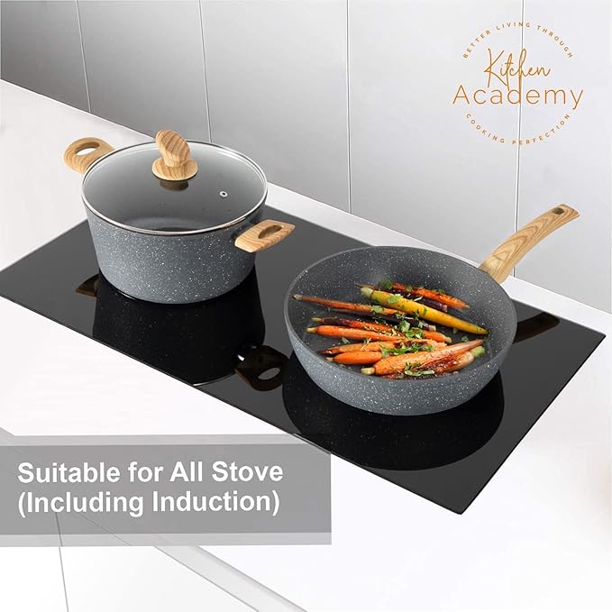 Kitchen Academy Induction Cookware &amp Bakeware Set - 30 Piece Grey Granite Cooking Pans Set Non Toxic Pots and Pans Set Non Stick