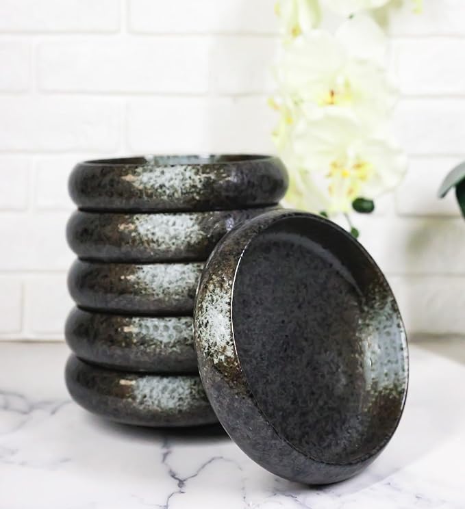 Ebros Gift Artistic Charcoal Grey Tone Hakumu Porcelain Collection Dinnerware Serveware Kitchenware Set Asian Japanese Restaurant Supply (Pack of 6 Round Appetizer Salad Banchan Deep Dish Plates)