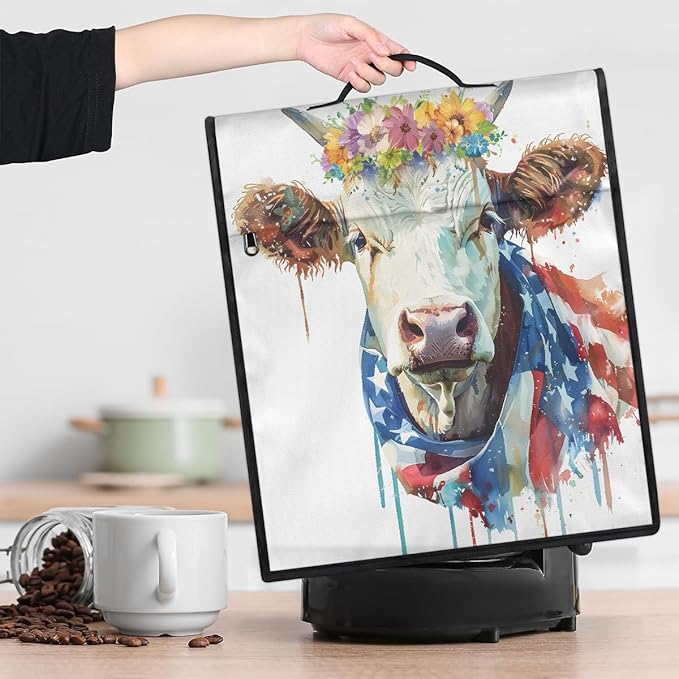 Kitchen Aid Mixer Cover Watercolor Cow American Flag Stand Mixer Cover Compatible with 6-8 Quarts Stand Mixers Dust Covers with Zipper Pocket Foldable Washable Kitchen Aid Organizer Bag